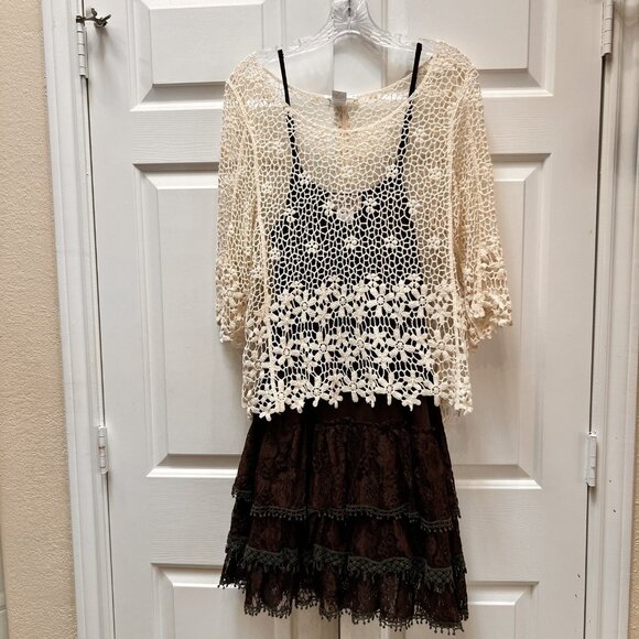 VTG Dress Women Med Brown Lace Crochet Boho Cottage Core Layered Outfit 2 Pc Set - Picture 1 of 16